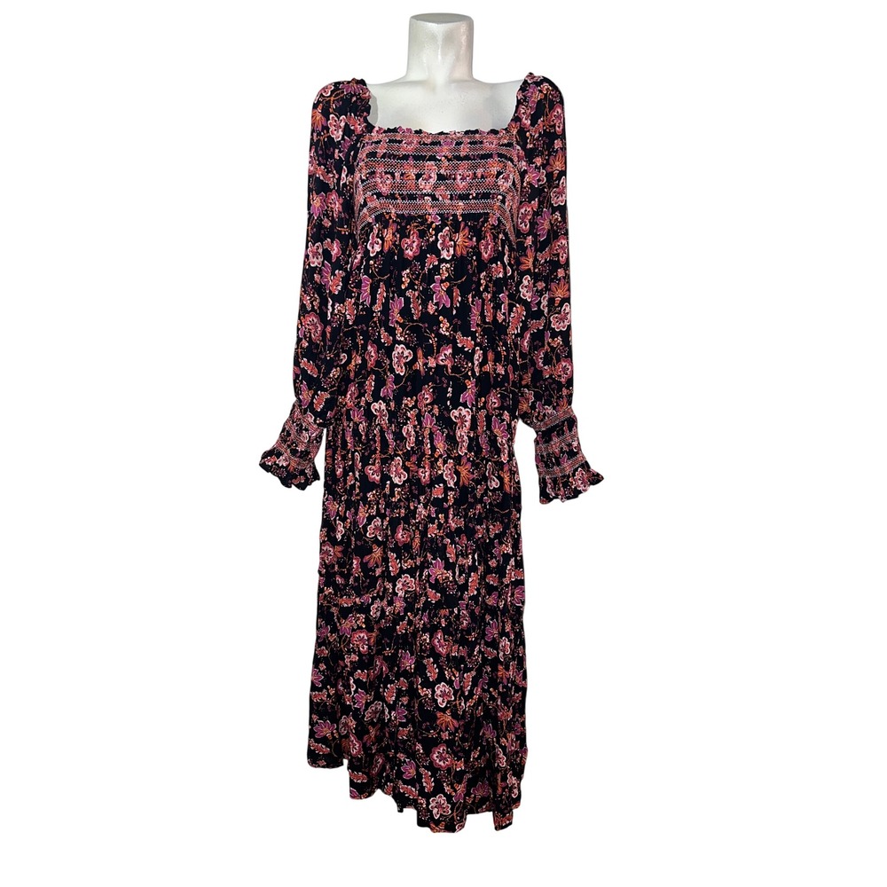 Free People Womens Smocked Floral Midi Dress Black Pink Long Sleeve Size M Boho - Picture 1 of 8